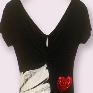 Desigual cap sleeve fit/flare black and white with sequined red heart